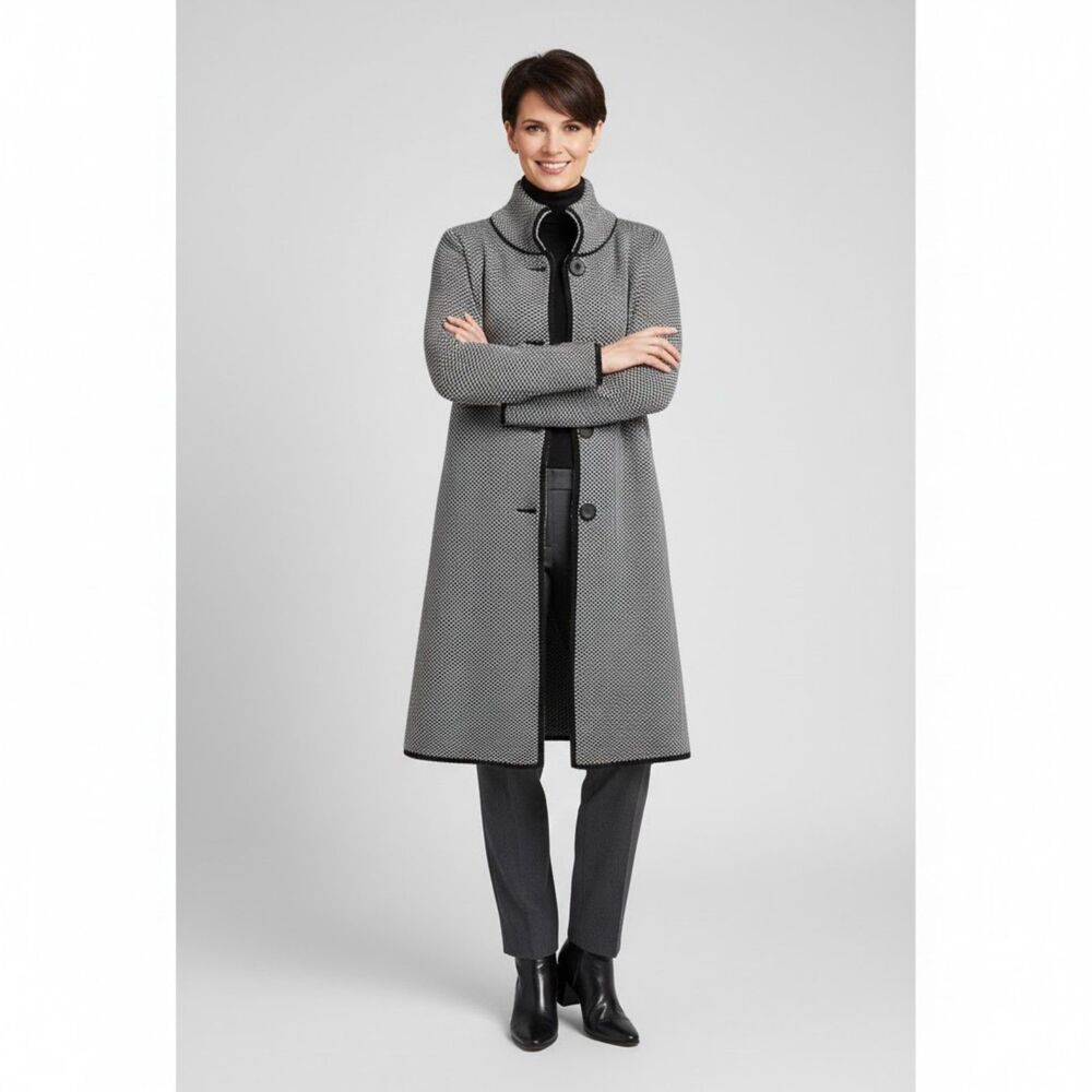 Cocogio Wool Italian Long Cardigan Coat Size Large Black And White Buttons Front
